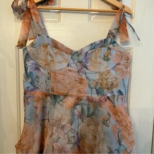 Playfully‎ Posh Blue Floral Organza Tie-Strap Tiered Midi Dress Size XL